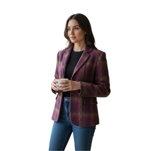 Kasper Vintage Plum Purple Green Plaid Wool Blazer Size 6